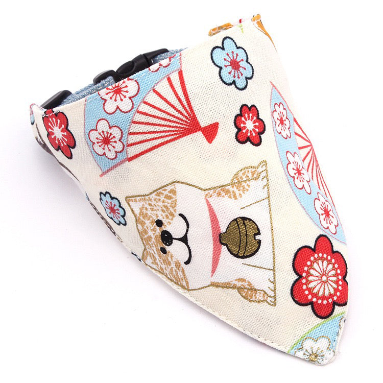 KFX-5710013 Japanese-Style Triangle Scarf for Dogs - Scalable Cotton and Hemp Fabric with Soft PU Leather Collar