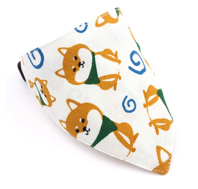 KFX-5710013 Japanese-Style Triangle Scarf for Dogs - Scalable Cotton and Hemp Fabric with Soft PU Leather Collar