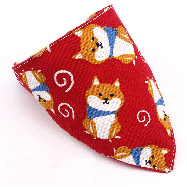 KFX-5710013 Japanese-Style Triangle Scarf for Dogs - Scalable Cotton and Hemp Fabric with Soft PU Leather Collar