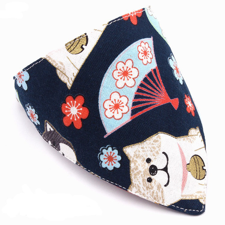 KFX-5710013 Japanese-Style Triangle Scarf for Dogs - Scalable Cotton and Hemp Fabric with Soft PU Leather Collar