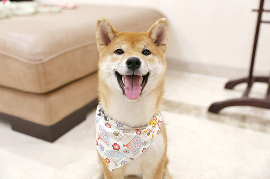 KFX-5710013 Japanese-Style Triangle Scarf for Dogs - Scalable Cotton and Hemp Fabric with Soft PU Leather Collar