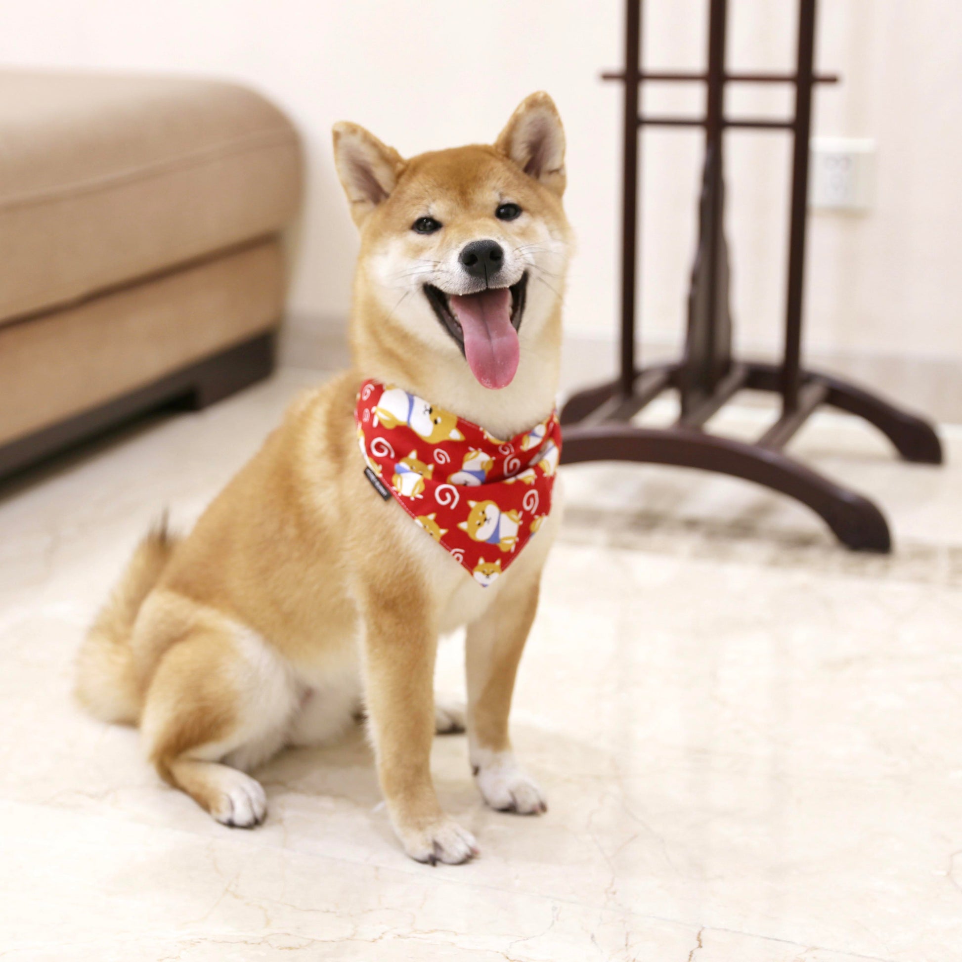 KFX-5710013 Japanese-Style Triangle Scarf for Dogs - Scalable Cotton and Hemp Fabric with Soft PU Leather Collar