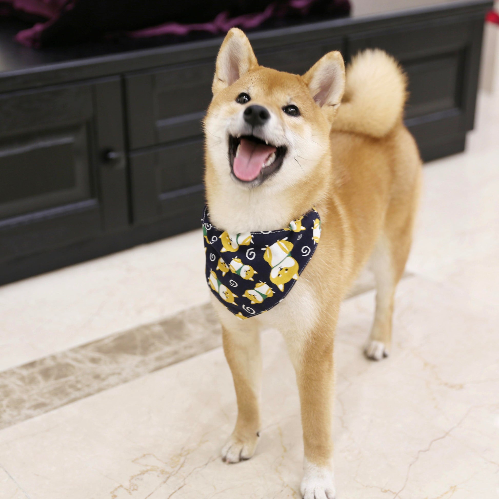 KFX-5710013 Japanese-Style Triangle Scarf for Dogs - Scalable Cotton and Hemp Fabric with Soft PU Leather Collar