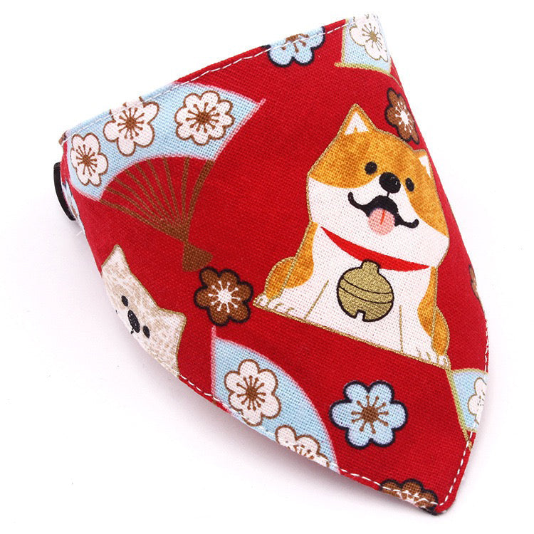 KFX-5710013 Japanese-Style Triangle Scarf for Dogs - Scalable Cotton and Hemp Fabric with Soft PU Leather Collar