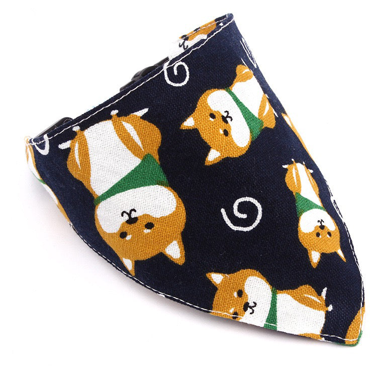 KFX-5710013 Japanese-Style Triangle Scarf for Dogs - Scalable Cotton and Hemp Fabric with Soft PU Leather Collar