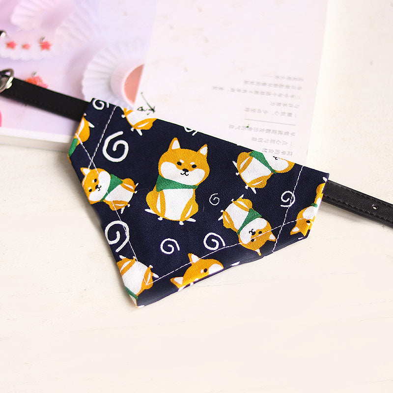 KFX-5710013 Japanese-Style Triangle Scarf for Dogs - Scalable Cotton and Hemp Fabric with Soft PU Leather Collar