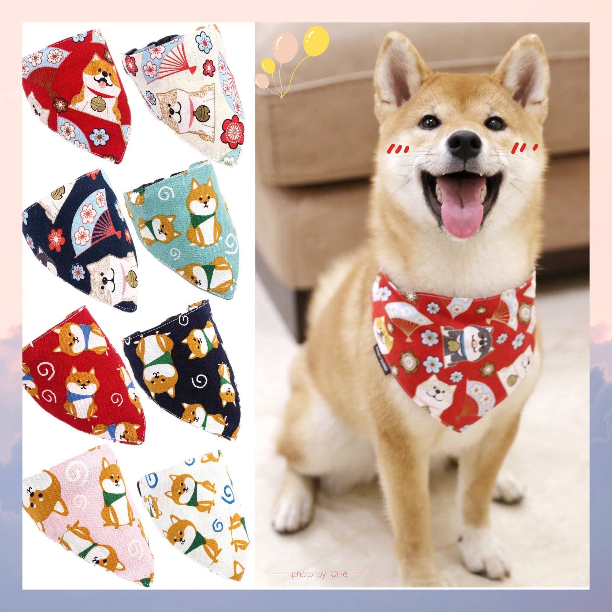 KFX-5710013 Japanese-Style Triangle Scarf for Dogs - Scalable Cotton and Hemp Fabric with Soft PU Leather Collar