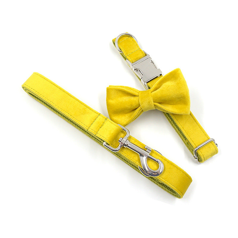 KFX-5712189 Elegant Yellow and Green Velvet Dog Collar and Leash Set with Bow