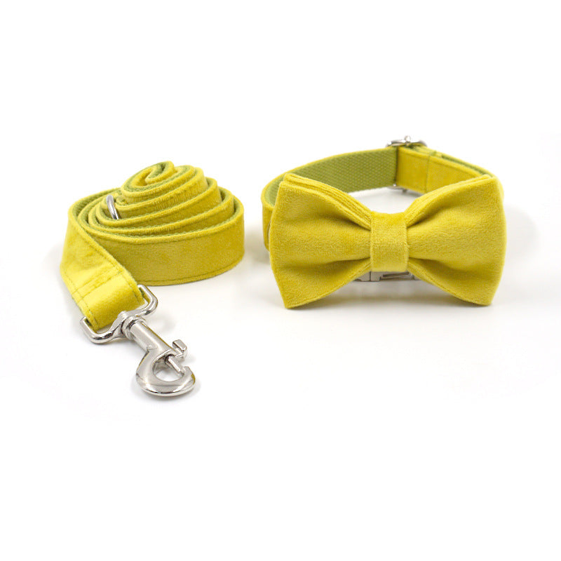 KFX-5712189 Elegant Yellow and Green Velvet Dog Collar and Leash Set with Bow