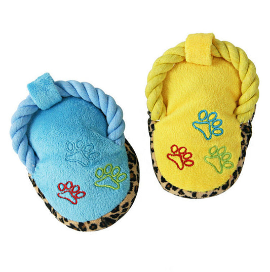 KFX-5718973 Plush Dog Slippers Toy – Sounding Pet Plaything in Blue, Pink, and Yellow