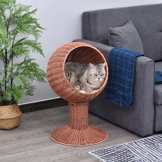 KFX-5722557 Elevated Cat Bed with Rotatable Pod, Thick Cushion, Natural Mat Grass, Cozy Kitty House - Brown