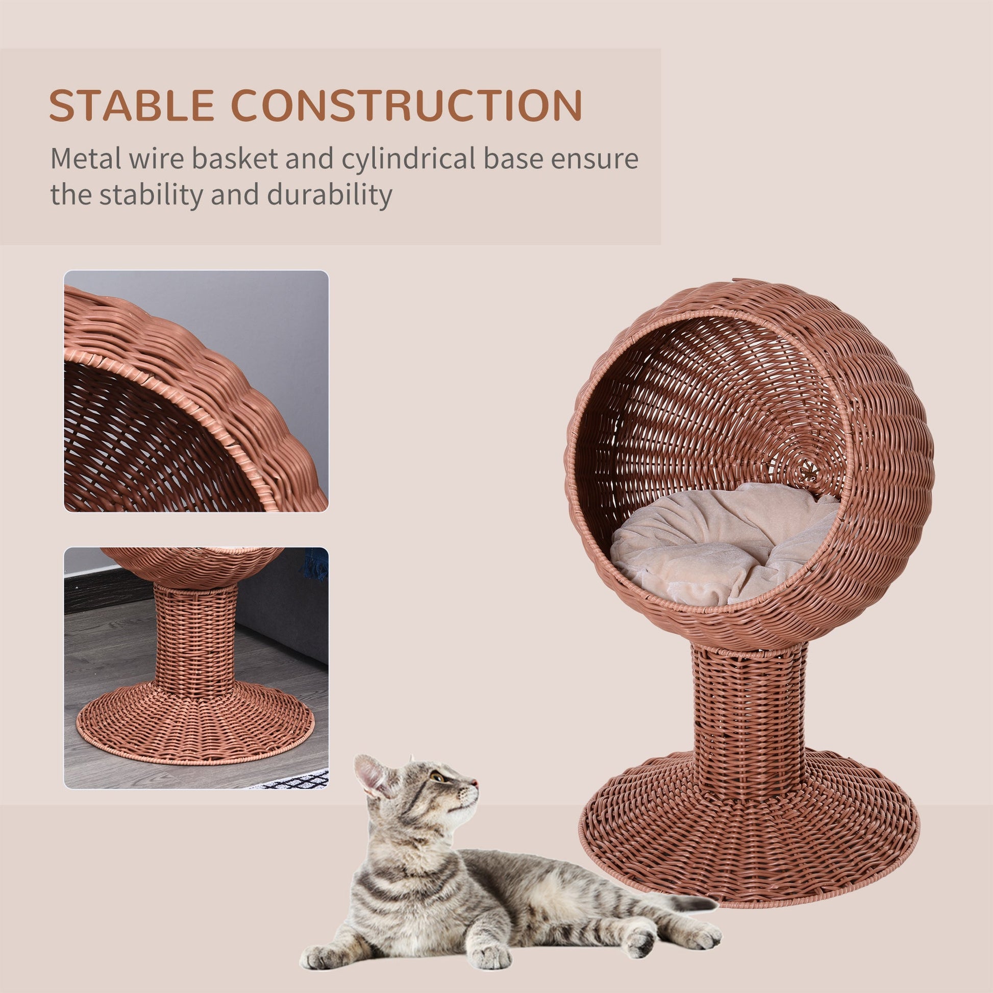 KFX-5722557 Elevated Cat Bed with Rotatable Pod, Thick Cushion, Natural Mat Grass, Cozy Kitty House - Brown