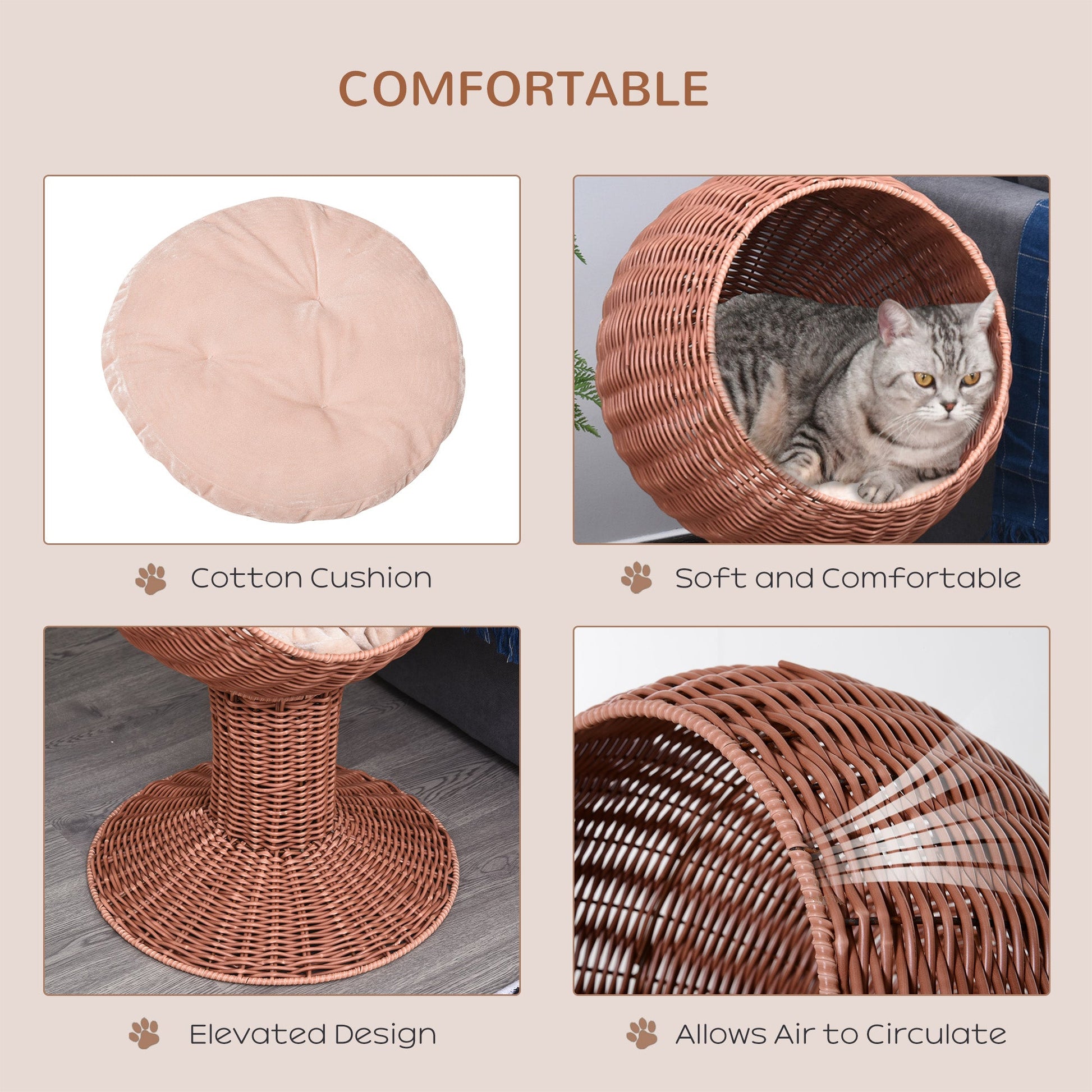 KFX-5722557 Elevated Cat Bed with Rotatable Pod, Thick Cushion, Natural Mat Grass, Cozy Kitty House - Brown