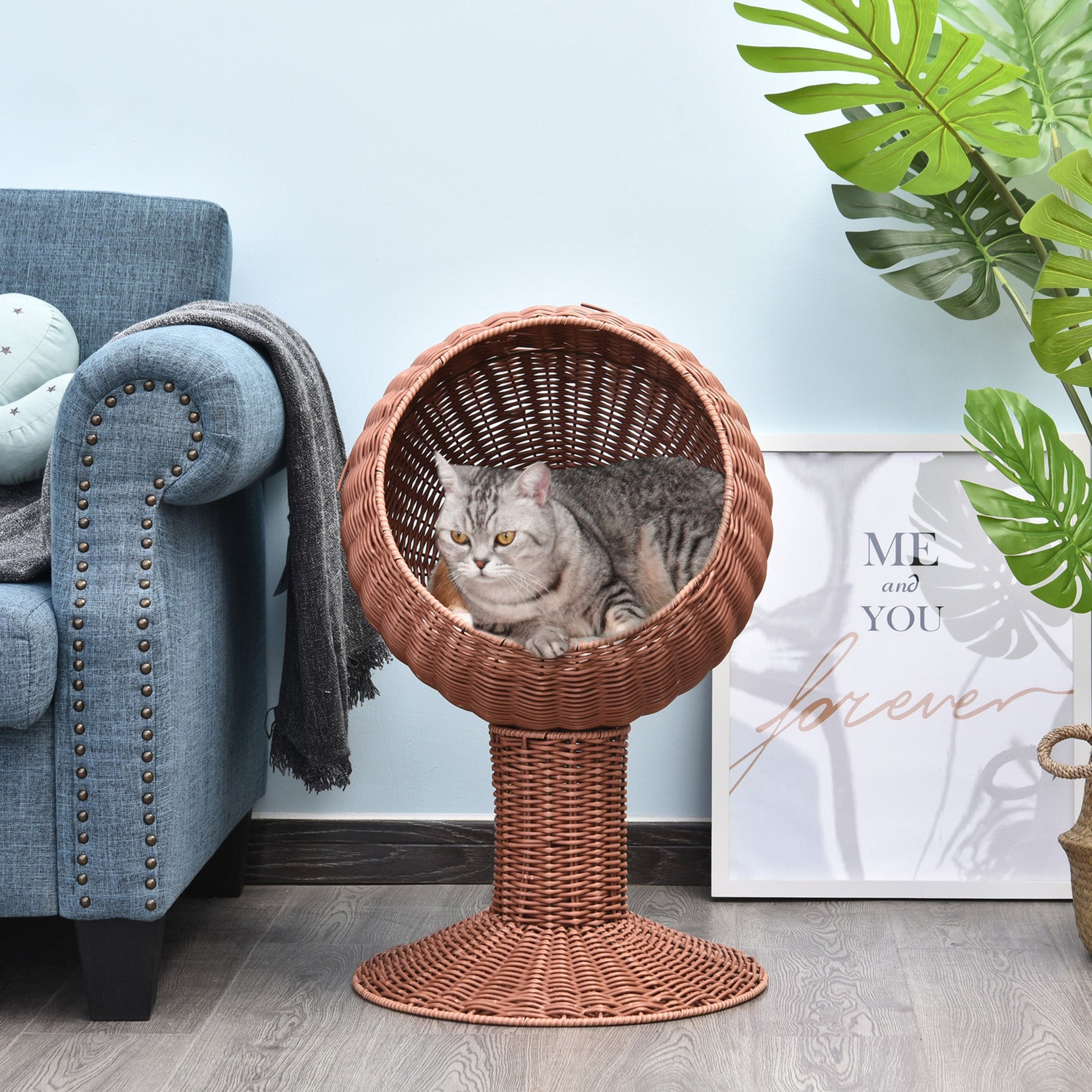 KFX-5722557 Elevated Cat Bed with Rotatable Pod, Thick Cushion, Natural Mat Grass, Cozy Kitty House - Brown