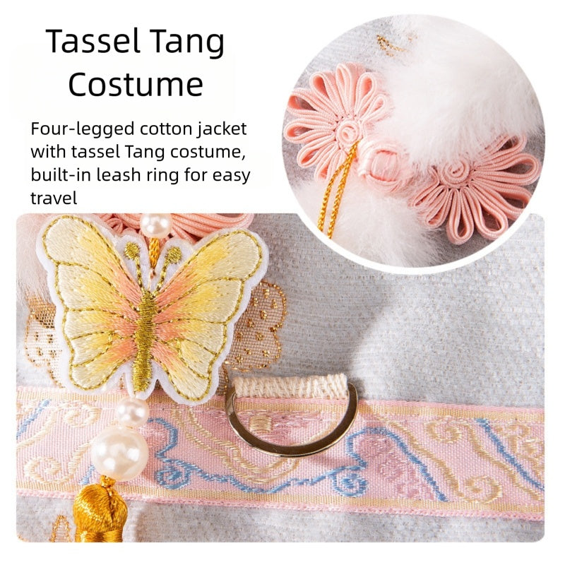 KFX-5722685 Traditional Chinese Style Embroidered Floral Dog Cheongsam Coat with Faux Fur Trim and Tassel