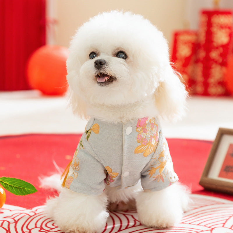 KFX-5722685 Traditional Chinese Style Embroidered Floral Dog Cheongsam Coat with Faux Fur Trim and Tassel