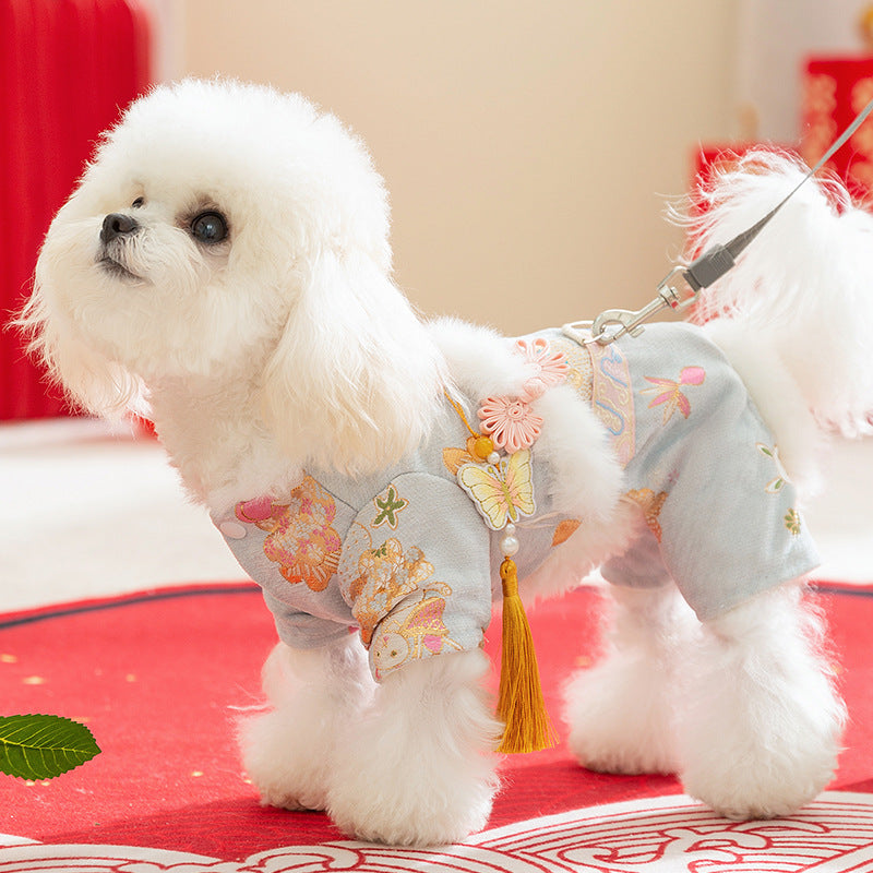 KFX-5722685 Traditional Chinese Style Embroidered Floral Dog Cheongsam Coat with Faux Fur Trim and Tassel