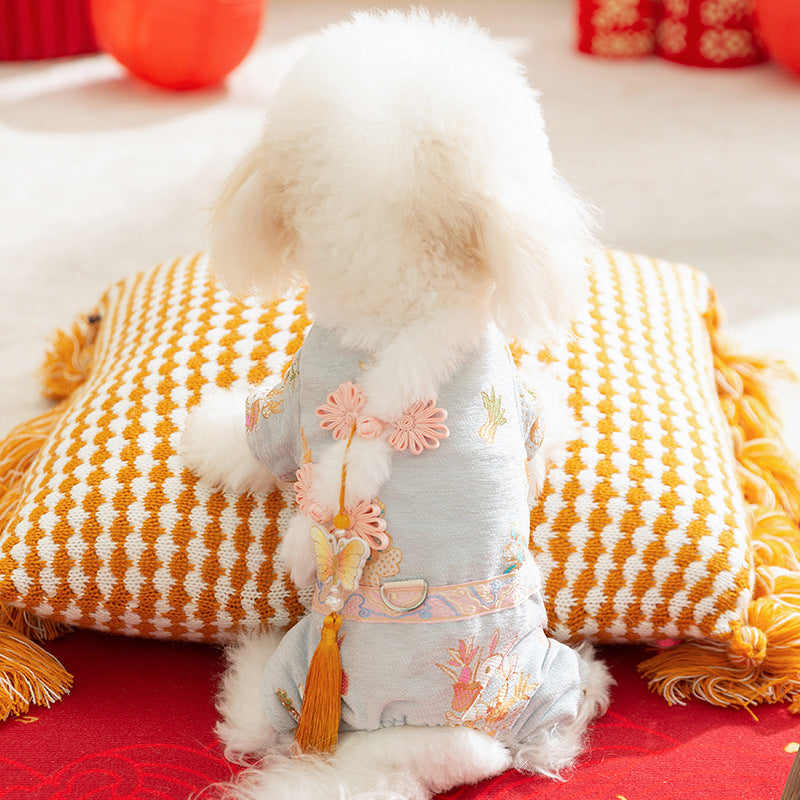 KFX-5722685 Traditional Chinese Style Embroidered Floral Dog Cheongsam Coat with Faux Fur Trim and Tassel