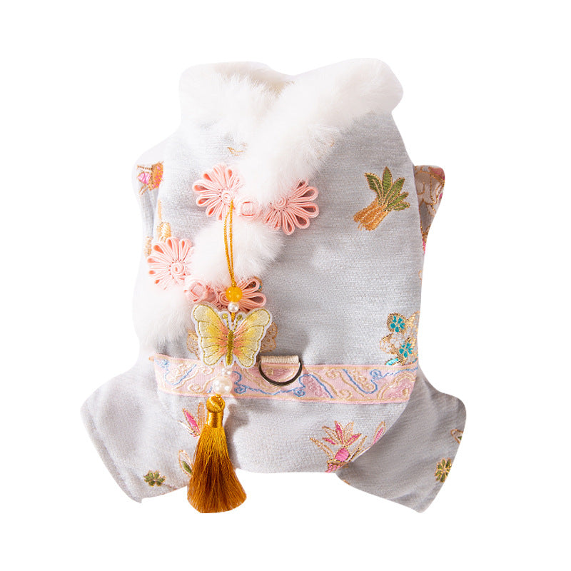 KFX-5722685 Traditional Chinese Style Embroidered Floral Dog Cheongsam Coat with Faux Fur Trim and Tassel