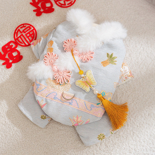 KFX-5722685 Traditional Chinese Style Embroidered Floral Dog Cheongsam Coat with Faux Fur Trim and Tassel