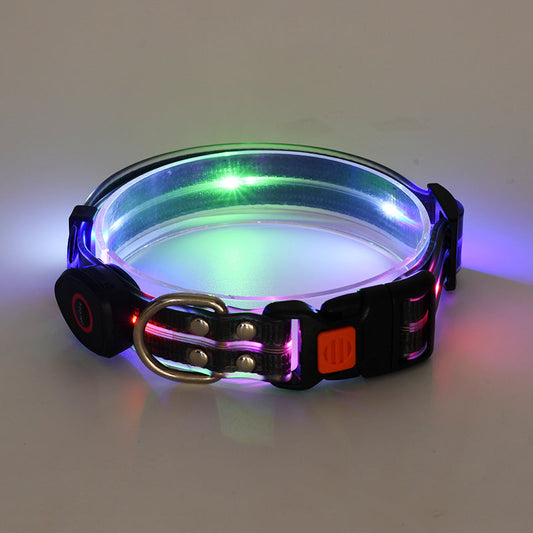 KFX-5723709 Rechargeable LED Luminous Pet Collar with Nylon Tow Rope, Adjustable Size, Multiple Light Modes, Colorful Strips