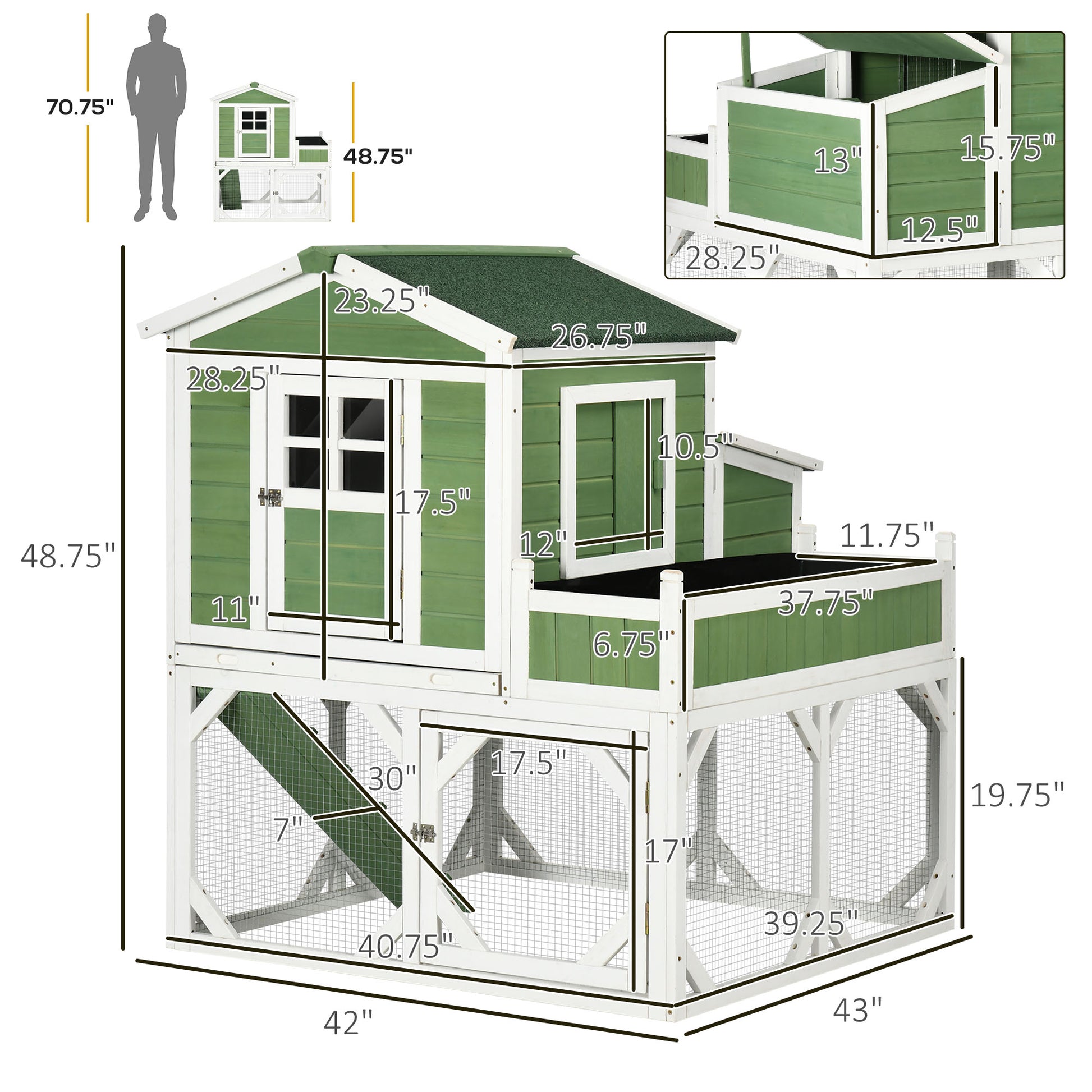 KFX-5727549 49" Wooden Chicken Coop with Garden Space and Waterproof Roof