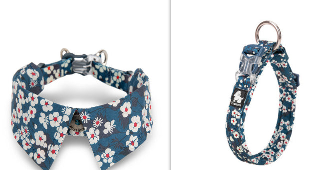 KFX-5743165 Floral Blue & Red Dog Collar with Bow Tie - Multiple Sizes Available