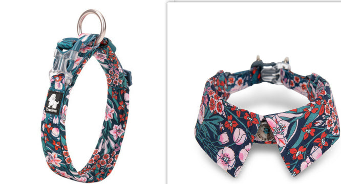 KFX-5743165 Floral Blue & Red Dog Collar with Bow Tie - Multiple Sizes Available