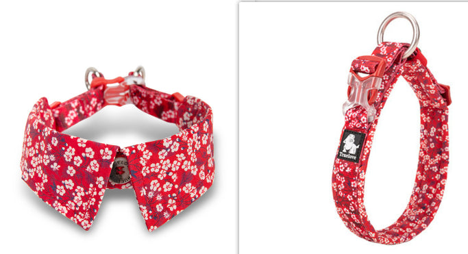 KFX-5743165 Floral Blue & Red Dog Collar with Bow Tie - Multiple Sizes Available