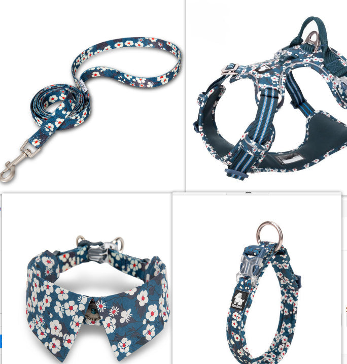 KFX-5743165 Floral Blue & Red Dog Collar with Bow Tie - Multiple Sizes Available