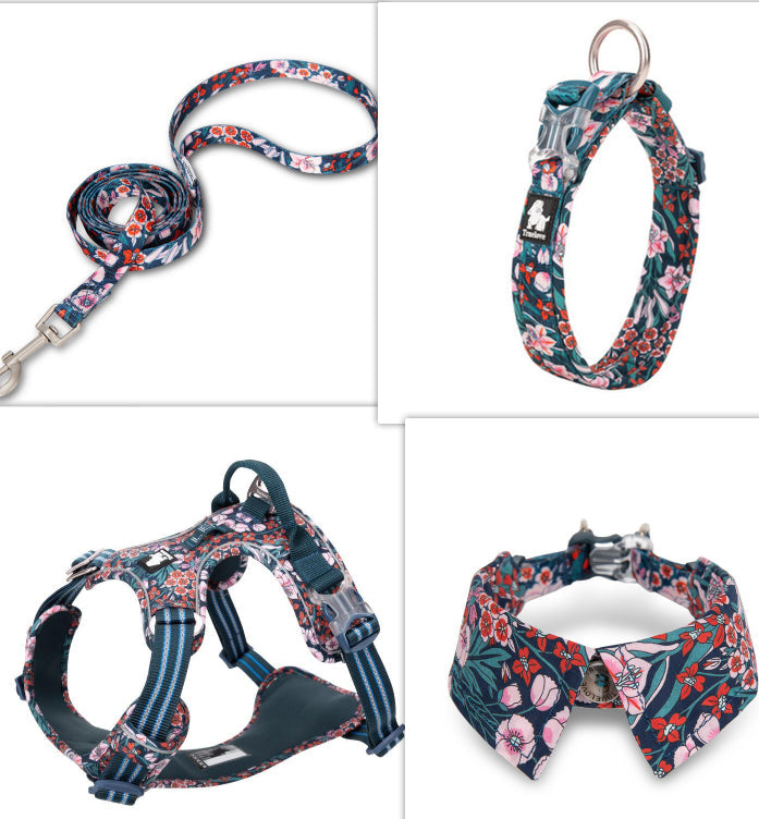 KFX-5743165 Floral Blue & Red Dog Collar with Bow Tie - Multiple Sizes Available