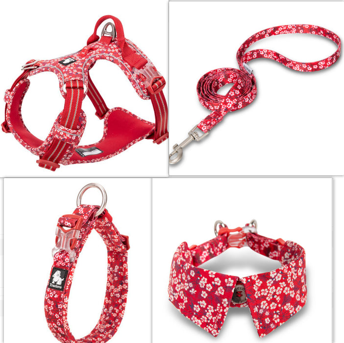 KFX-5743165 Floral Blue & Red Dog Collar with Bow Tie - Multiple Sizes Available