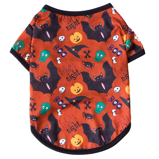 KFX-5743549 Halloween-inspired Dog T-Shirt with Black Bat, Magic Hat and Pumpkin Design