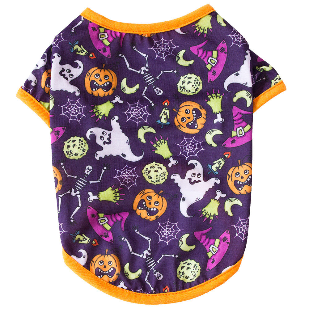 KFX-5743549 Halloween-inspired Dog T-Shirt with Black Bat, Magic Hat and Pumpkin Design