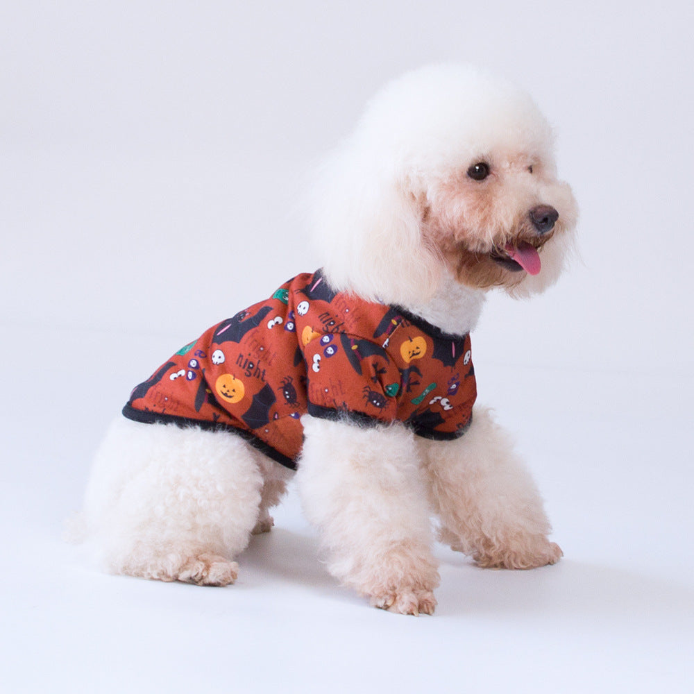 KFX-5743549 Halloween-inspired Dog T-Shirt with Black Bat, Magic Hat and Pumpkin Design