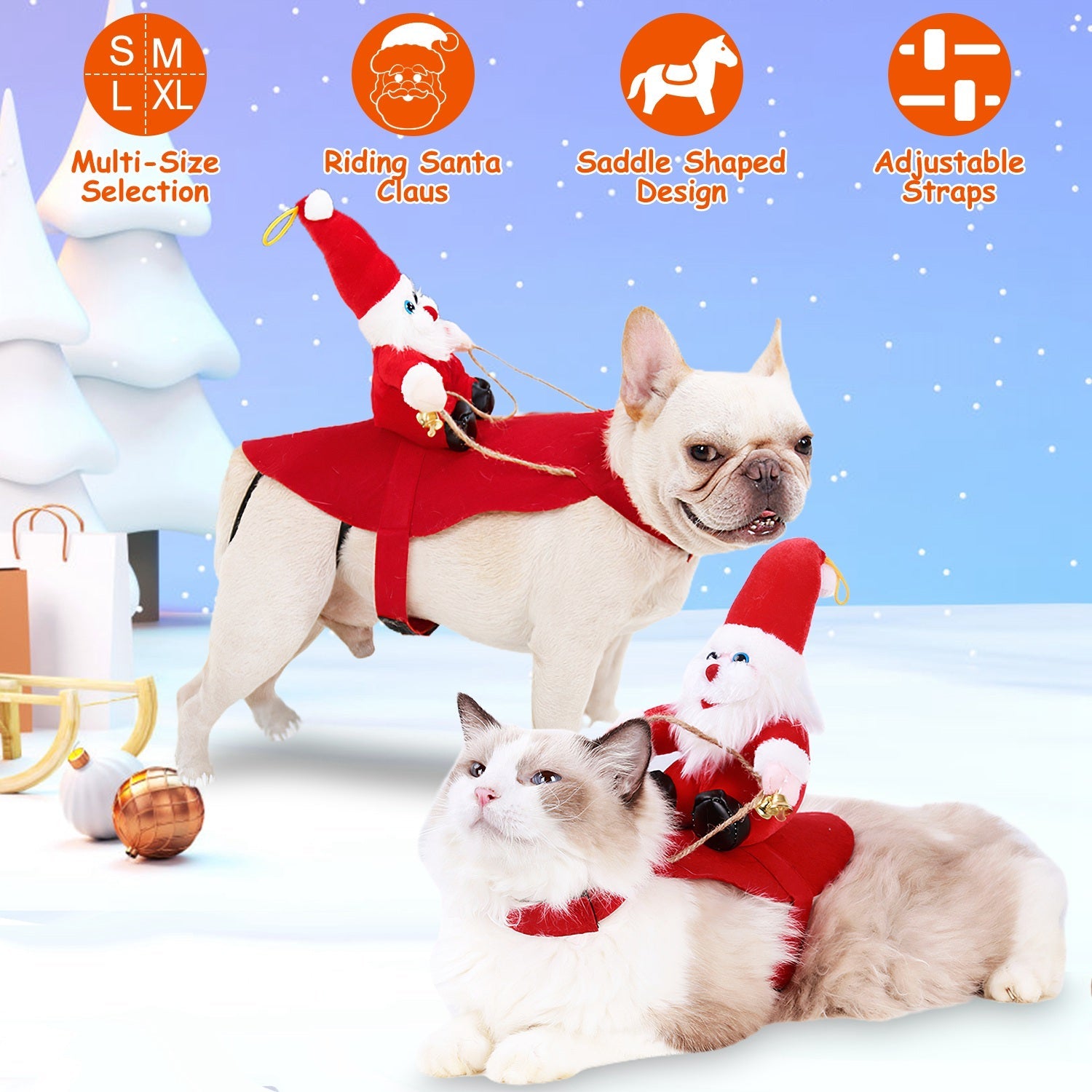 KFX-5766589 Pet Christmas Costume - Red Winter Coat with Riding Santa Claus Design, Adjustable Fit for Dogs and Cats, Multi-Size Options Available