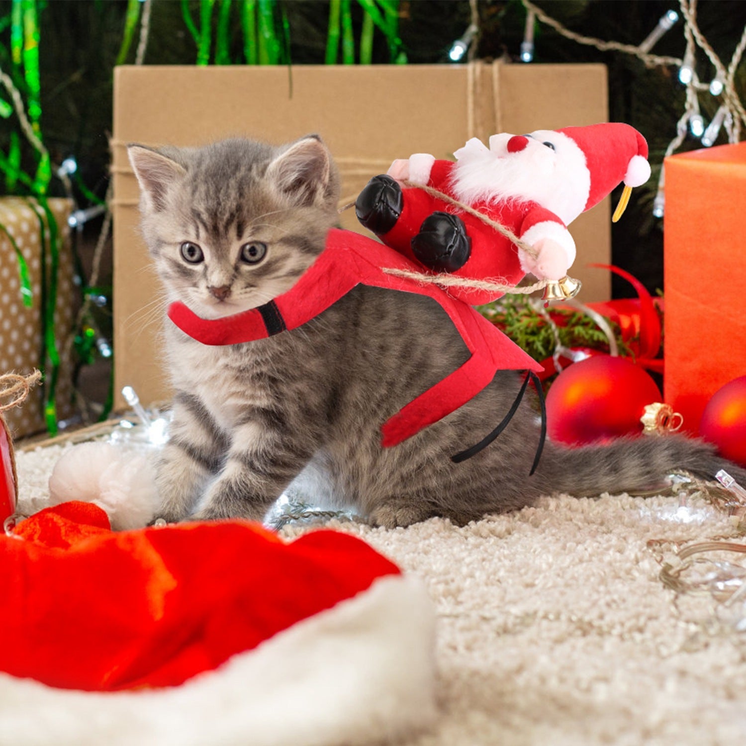 KFX-5766589 Pet Christmas Costume - Red Winter Coat with Riding Santa Claus Design, Adjustable Fit for Dogs and Cats, Multi-Size Options Available