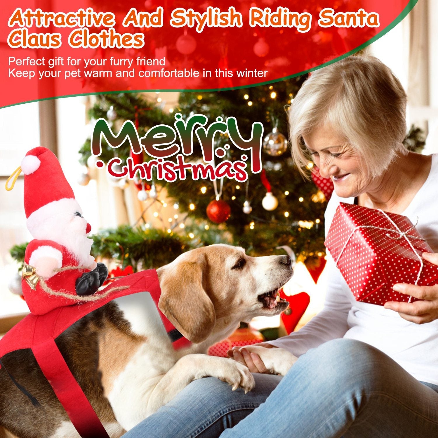 KFX-5766589 Pet Christmas Costume - Red Winter Coat with Riding Santa Claus Design, Adjustable Fit for Dogs and Cats, Multi-Size Options Available