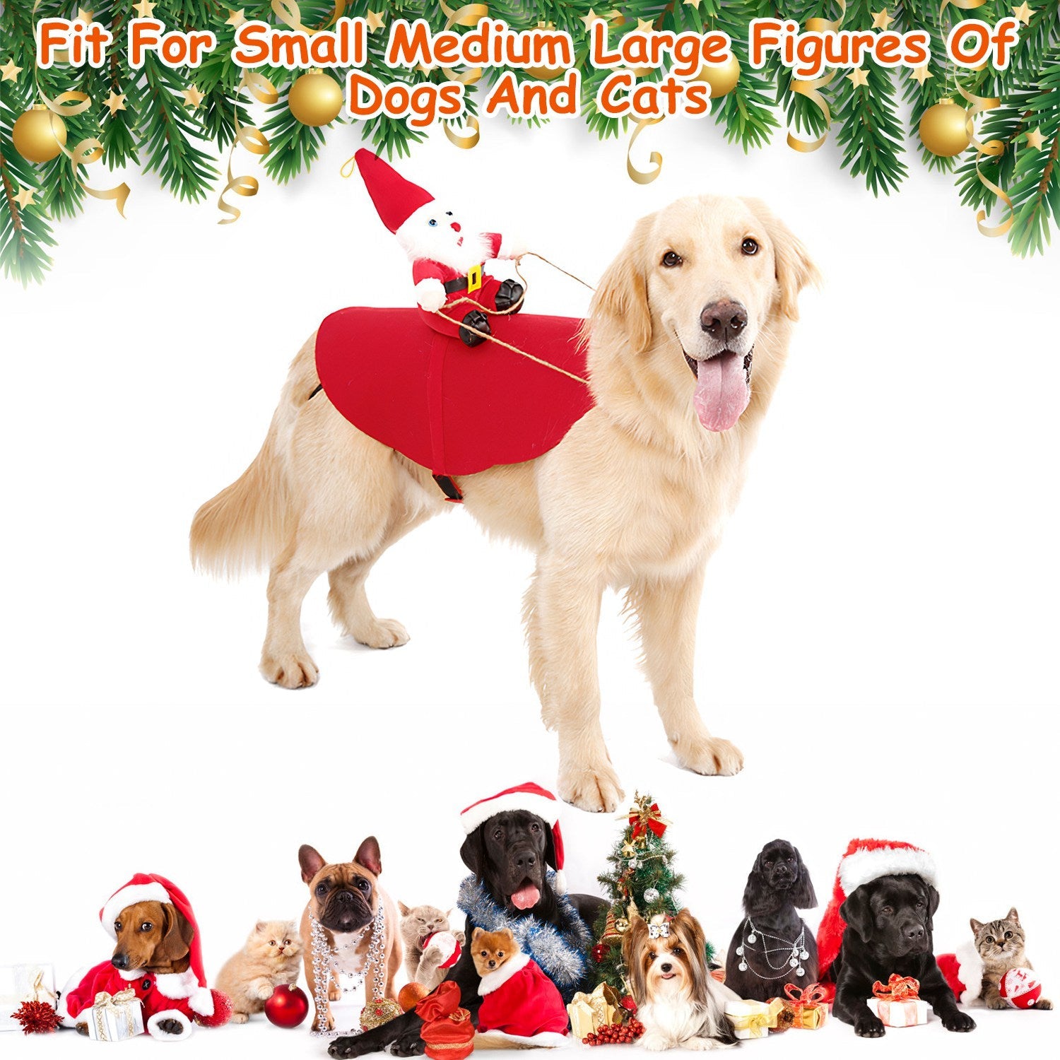 KFX-5766589 Pet Christmas Costume - Red Winter Coat with Riding Santa Claus Design, Adjustable Fit for Dogs and Cats, Multi-Size Options Available