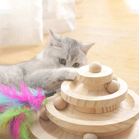 KFX-5771453 Solid Wood Cat Turntable in Log Color - Three Layer Climbing Frame, 26x13.5cm/19x10cm