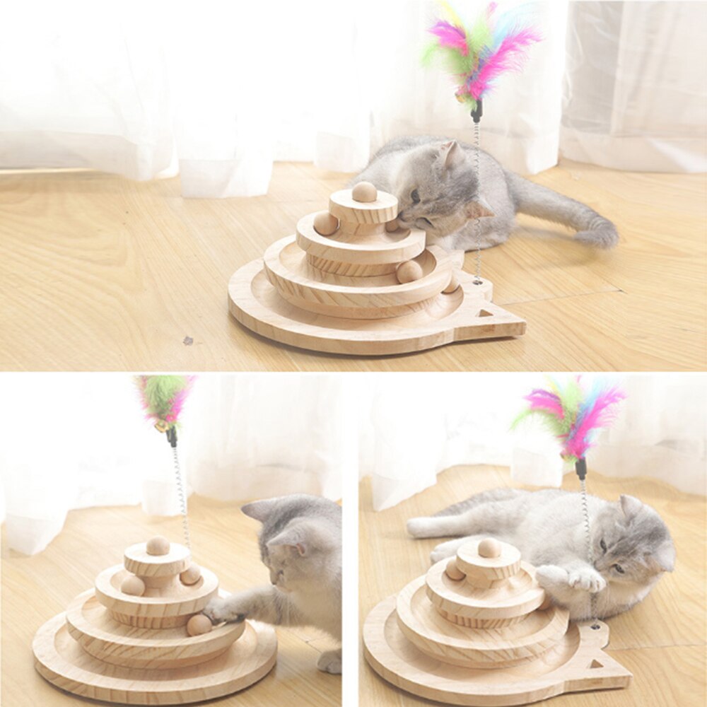 KFX-5771453 Solid Wood Cat Turntable in Log Color - Three Layer Climbing Frame, 26x13.5cm/19x10cm
