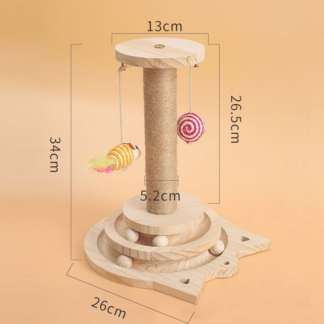 KFX-5771453 Solid Wood Cat Turntable in Log Color - Three Layer Climbing Frame, 26x13.5cm/19x10cm