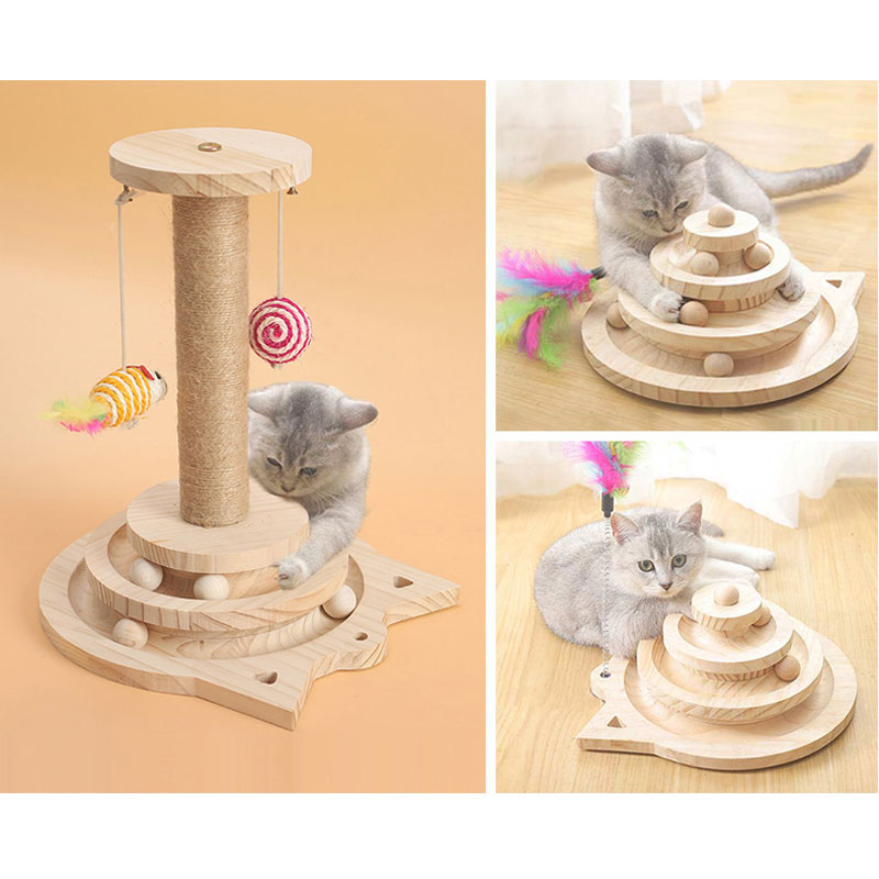 KFX-5771453 Solid Wood Cat Turntable in Log Color - Three Layer Climbing Frame, 26x13.5cm/19x10cm