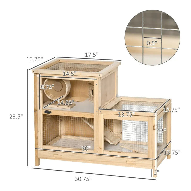 KFX-5771837 2-Tier Wooden Hamster Cage with Seesaw, Running Wheel & Tray for Small Animals