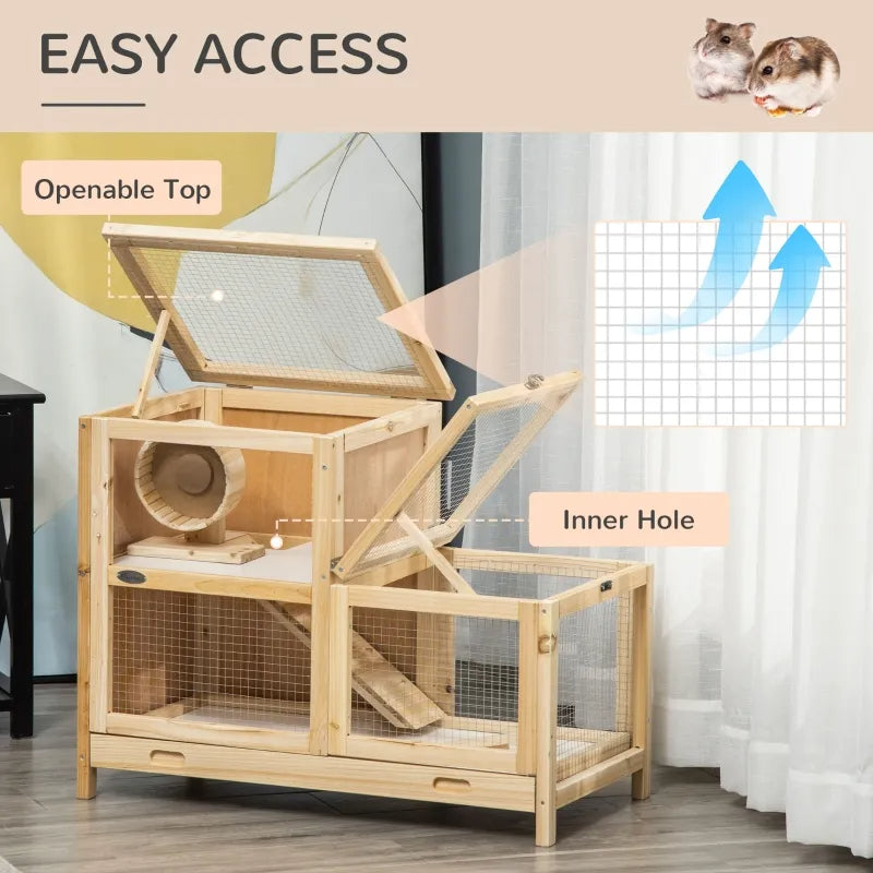 KFX-5771837 2-Tier Wooden Hamster Cage with Seesaw, Running Wheel & Tray for Small Animals