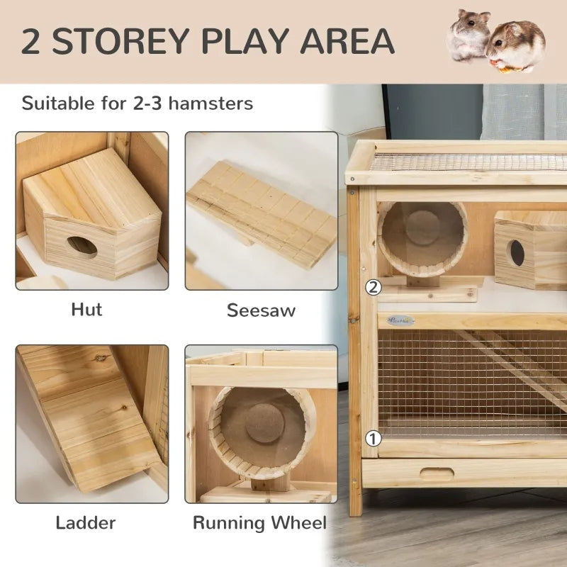 KFX-5771837 2-Tier Wooden Hamster Cage with Seesaw, Running Wheel & Tray for Small Animals