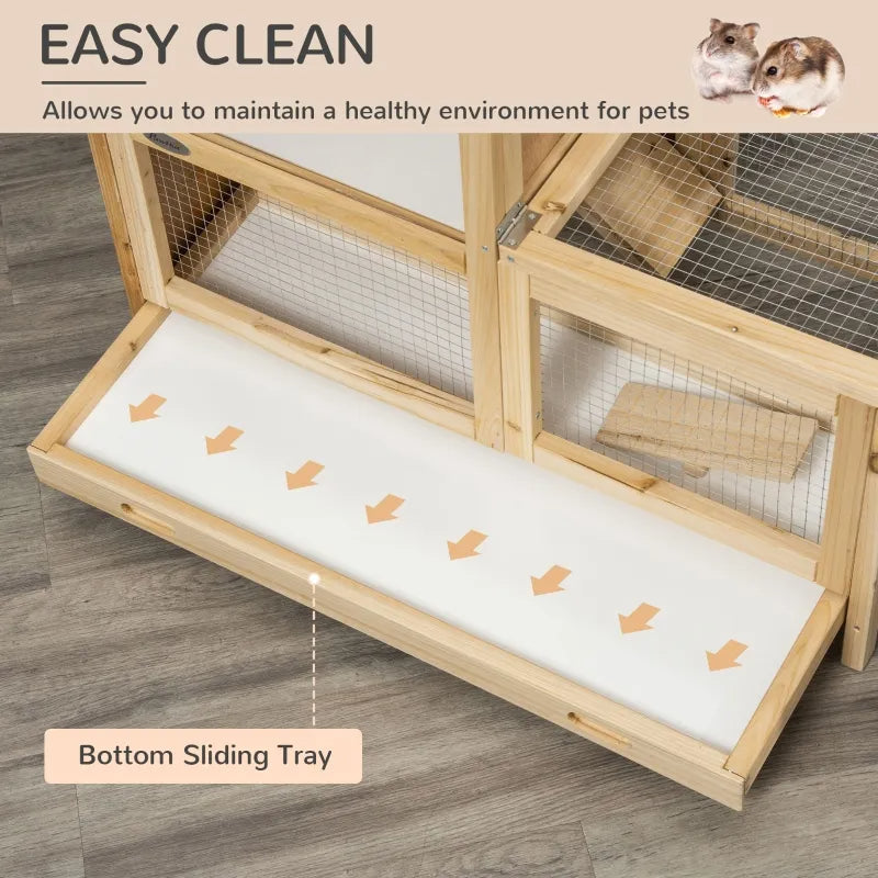 KFX-5771837 2-Tier Wooden Hamster Cage with Seesaw, Running Wheel & Tray for Small Animals