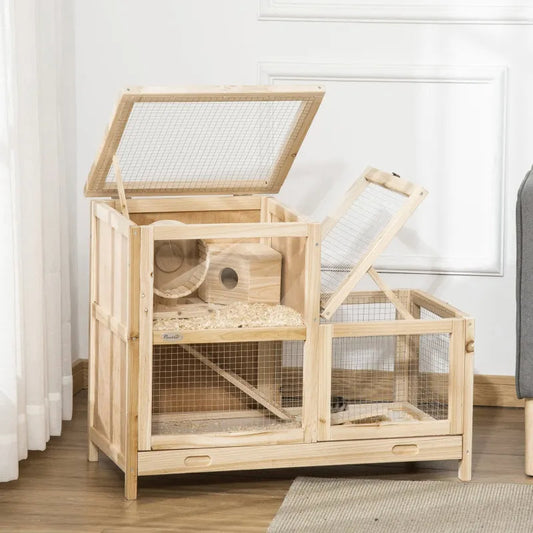 KFX-5771837 2-Tier Wooden Hamster Cage with Seesaw, Running Wheel & Tray for Small Animals