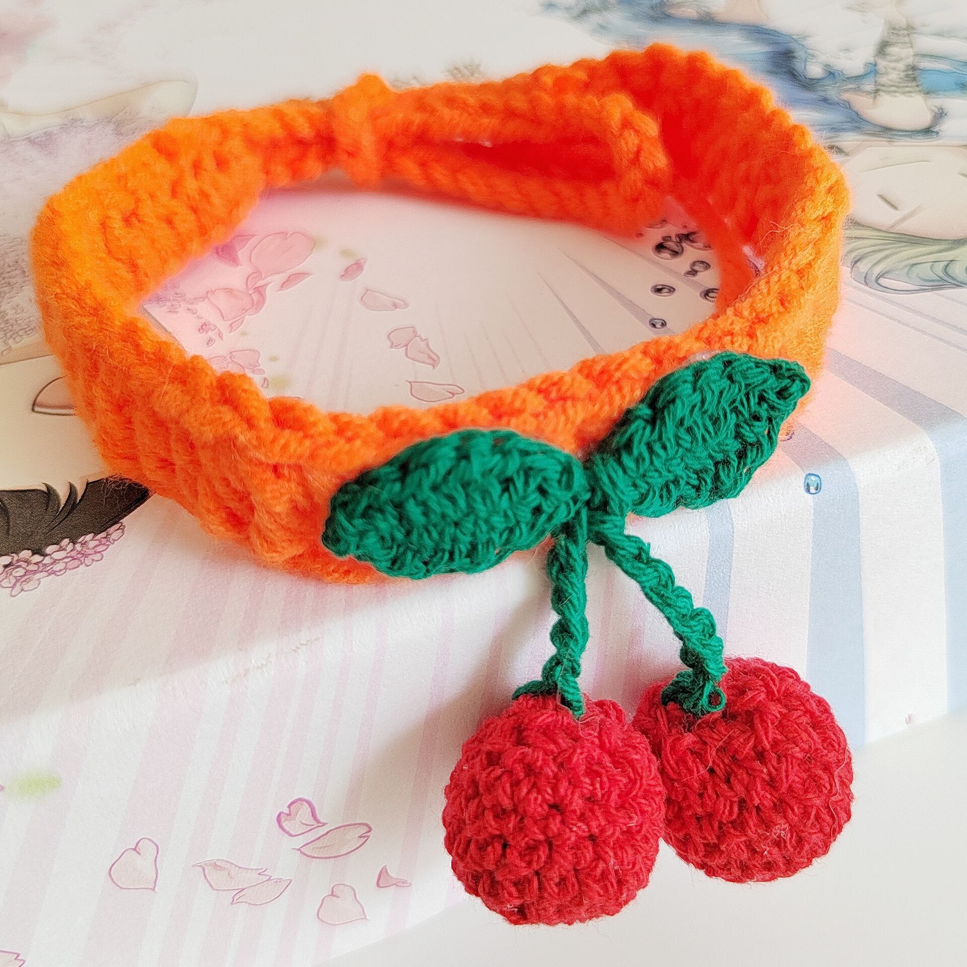 KFX-5775549 Handmade Knitted Wool Cat Collar in Fruit Patterns - Free Size, 60cm Length, Four Seasons Use