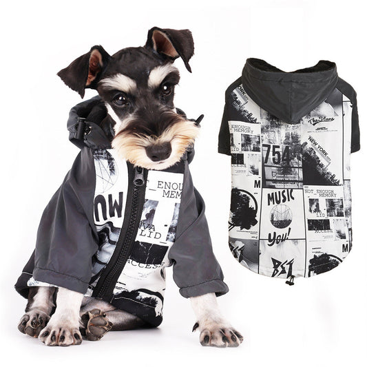 KFX-5776317 Reflective Raincoat for Dogs, Winter Warm Tide Jacket, Cotton, XS-2XL, Newspaper & Letters Design